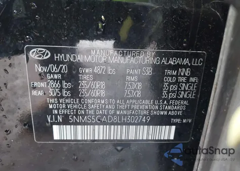 2020 Hyundai Santa Fe Limited from USA, damaged, VIN 5NMS5CAD8LH302749